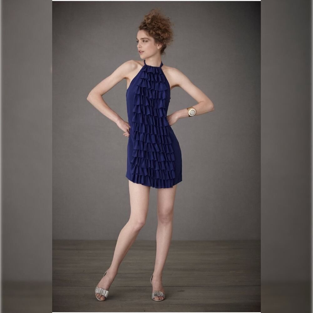 New Va Et Vien x BHLDN Anthropologie Blue Ruffle Silk Dress Size 0